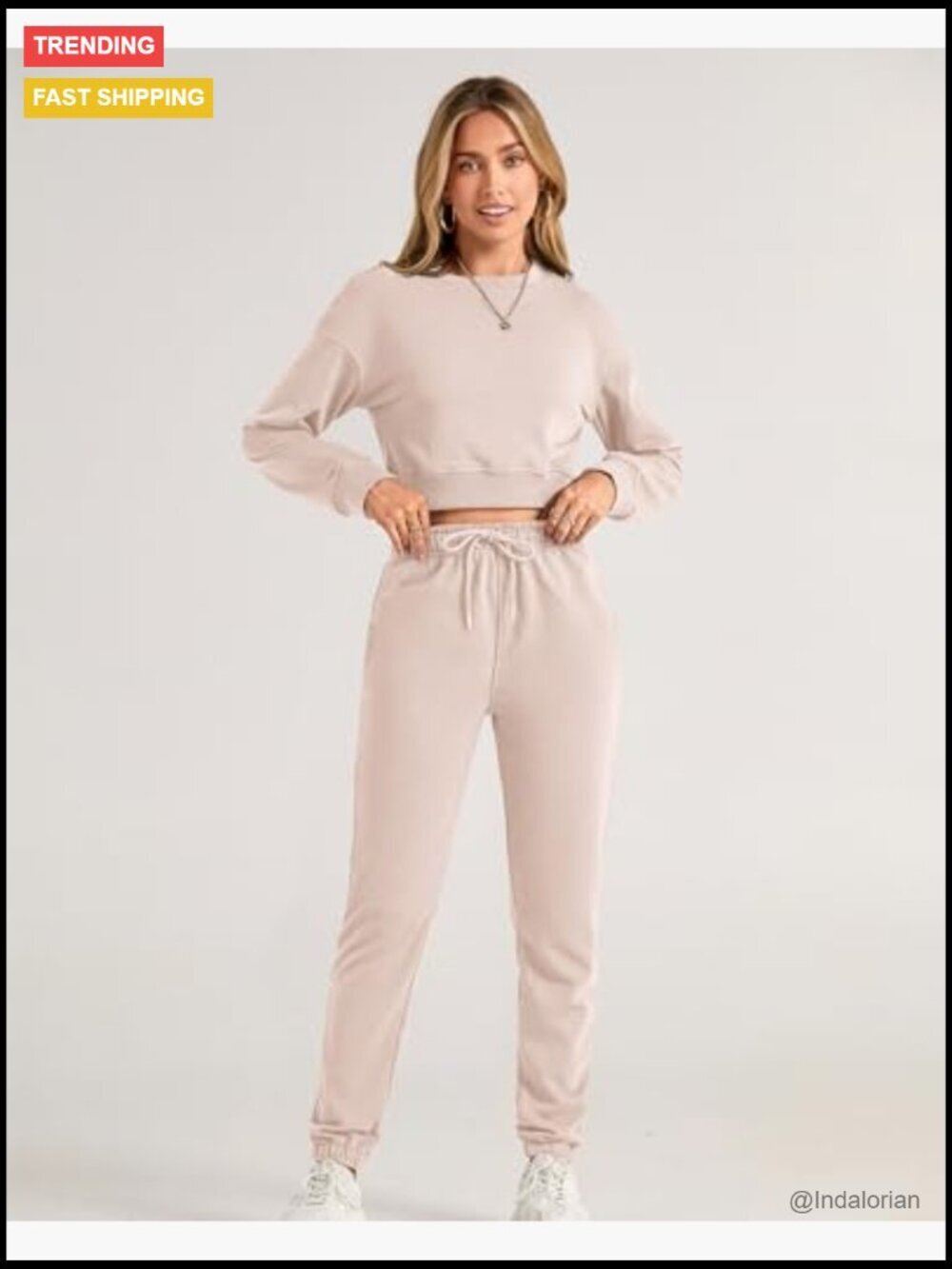 Cotton Polyester Long Sleeve Crop Top Jogger Set with Pockets - Picture 3 of 7